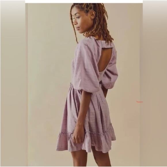 Free People Dresses & Skirts - Free People Summer Picnic Smocked Balloon Sleeve Mini Dress in Purple Pink